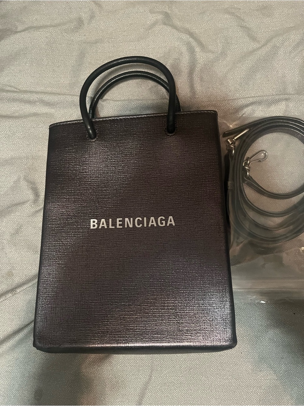 Balenciaga Black Textured Leather Messenger Bag with Logo authentic